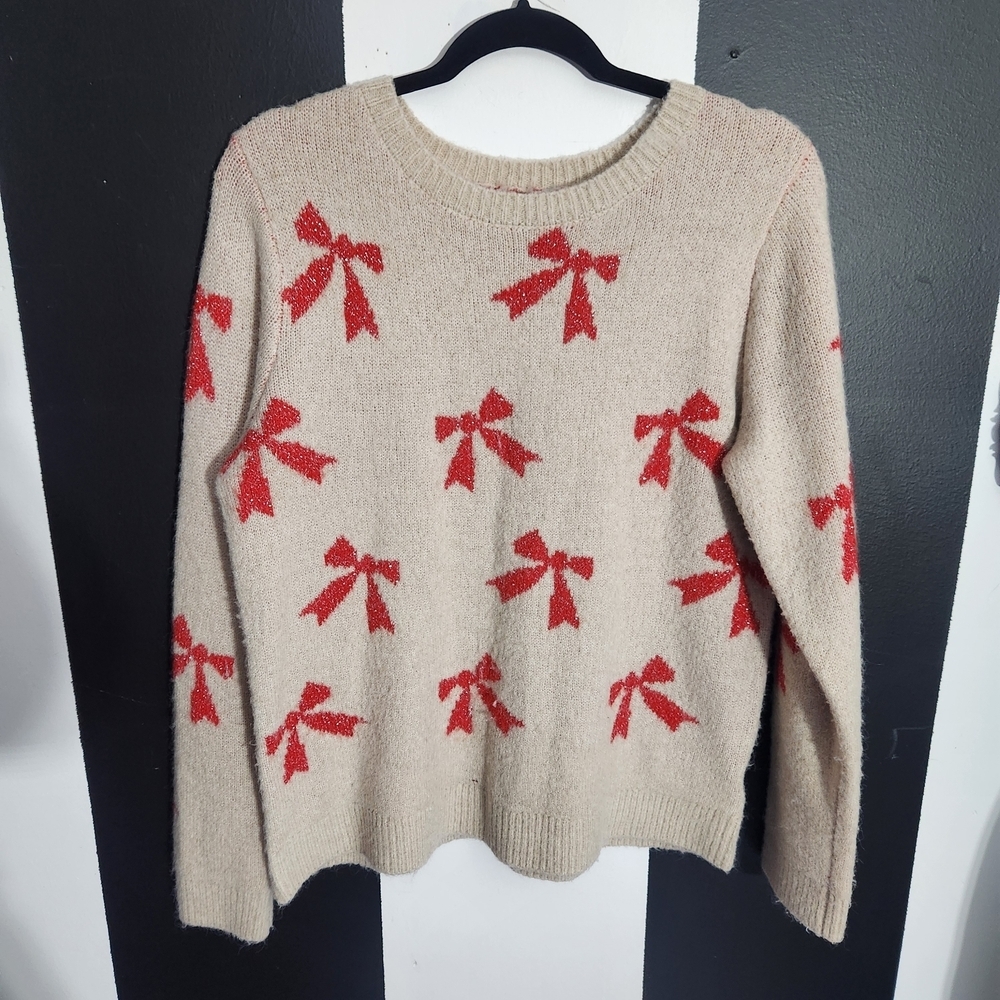 cupcakes & cashmere Beige Sweater with Red Bow Design